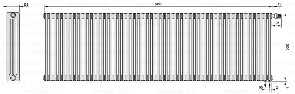 Схема (чертеж) Радиатор Zehnder Charleston 4280/53 №V002 Белый глянцевый RAL 9016